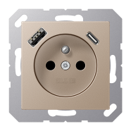 Jung A 1520 F-15 CA CH Wandcontactdoos Frans/Belgisch systeem en USB-laadcontactdoos type C/A Champagne