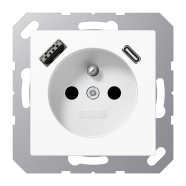 Jung A 1520 F-15 CA WW Wandcontactdoos Frans/Belgisch systeem en USB-laadcontactdoos type C/A Alpine wit
