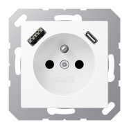 Jung A 1520 F-15 CA WWM Wandcontactdoos Frans/Belgisch systeem en USB-laadcontactdoos type C/A Sneeuwwit mat