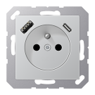 Jung A 1520 F-15 CA AL Wandcontactdoos Frans/Belgisch systeem en USB-laadcontactdoos type C/A Aluminium