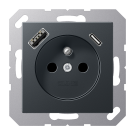 Jung A 1520 F-15 CA ANM Wandcontactdoos Frans/Belgisch systeem en USB-laadcontactdoos type C/A Antraciet mat 