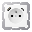 Jung A 1520 F-15 CA WWM Wandcontactdoos Frans/Belgisch systeem en USB-laadcontactdoos type C/A Sneeuwwit mat