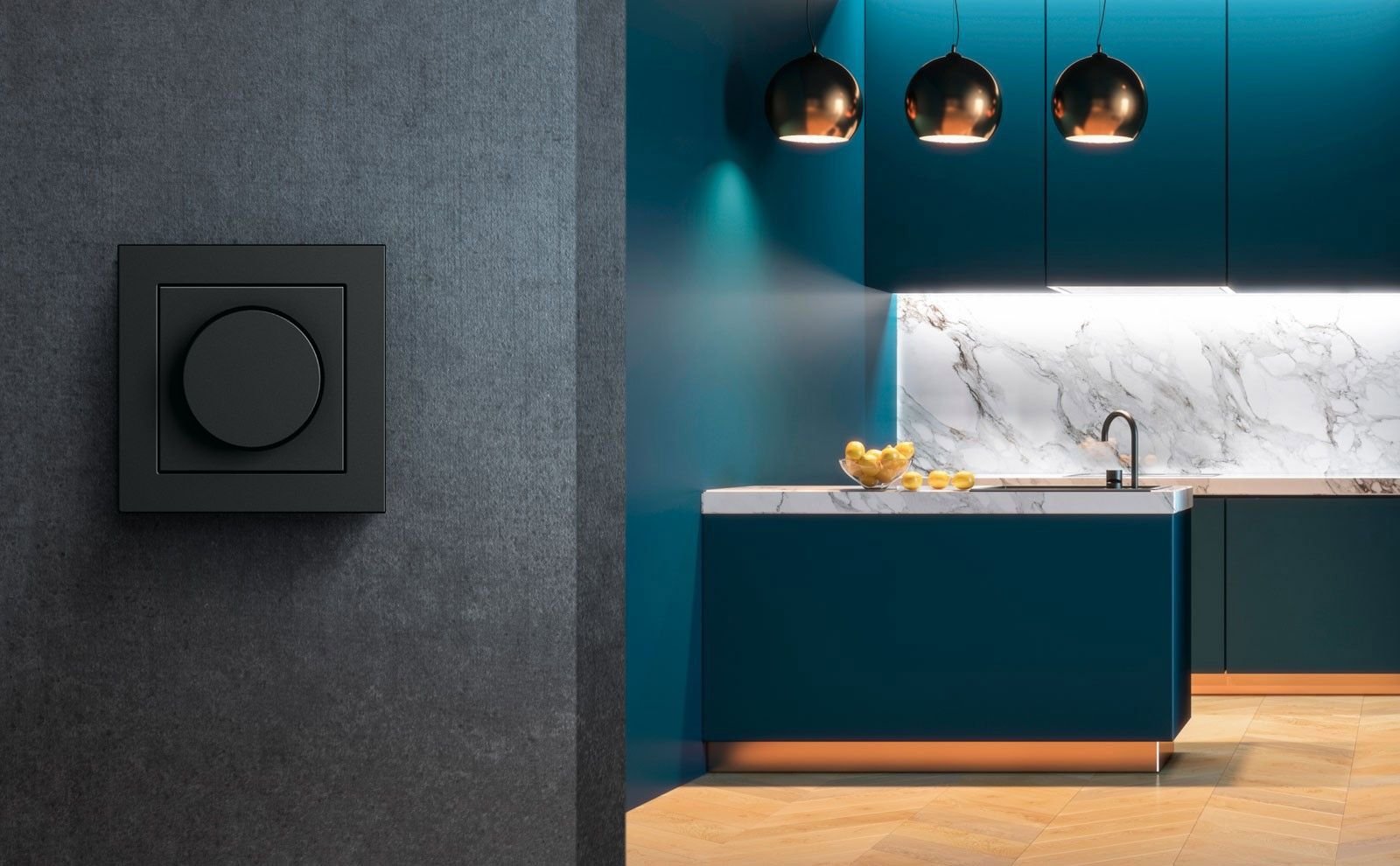 Zwarte LED dimmer in moderne keuken met dimbare LED verlichting