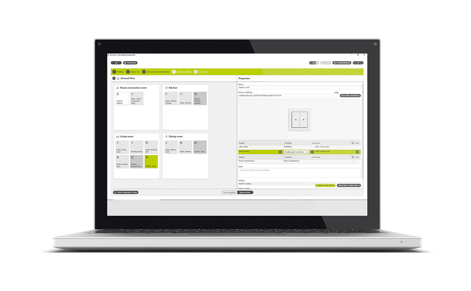 Gira Project Assistant software met een woningindeling en het configureren van apparaten per ruimte