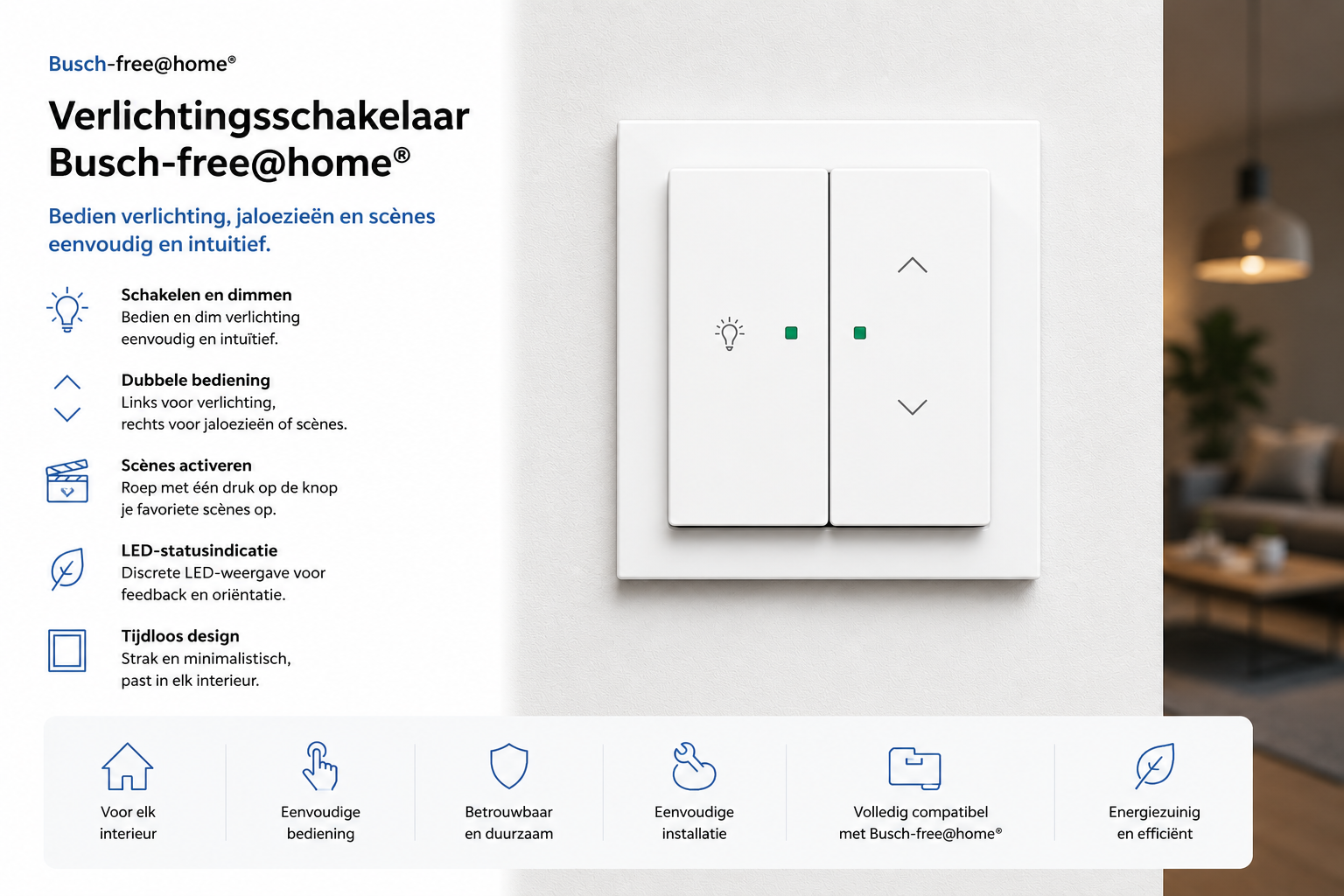Busch-free@home bediening met aktorcombinaties: sensor en aktor in een, decentraal achter elke schakelaar, verbonden via de buskabel