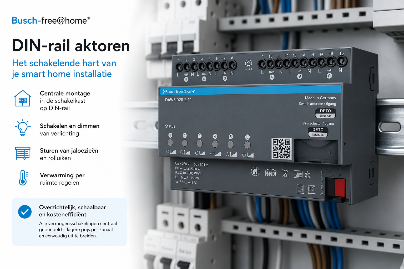 Busch-free@home DIN-rail aktoren: het schakelende hart van je smart home installatie, met centrale montage in de schakelkast