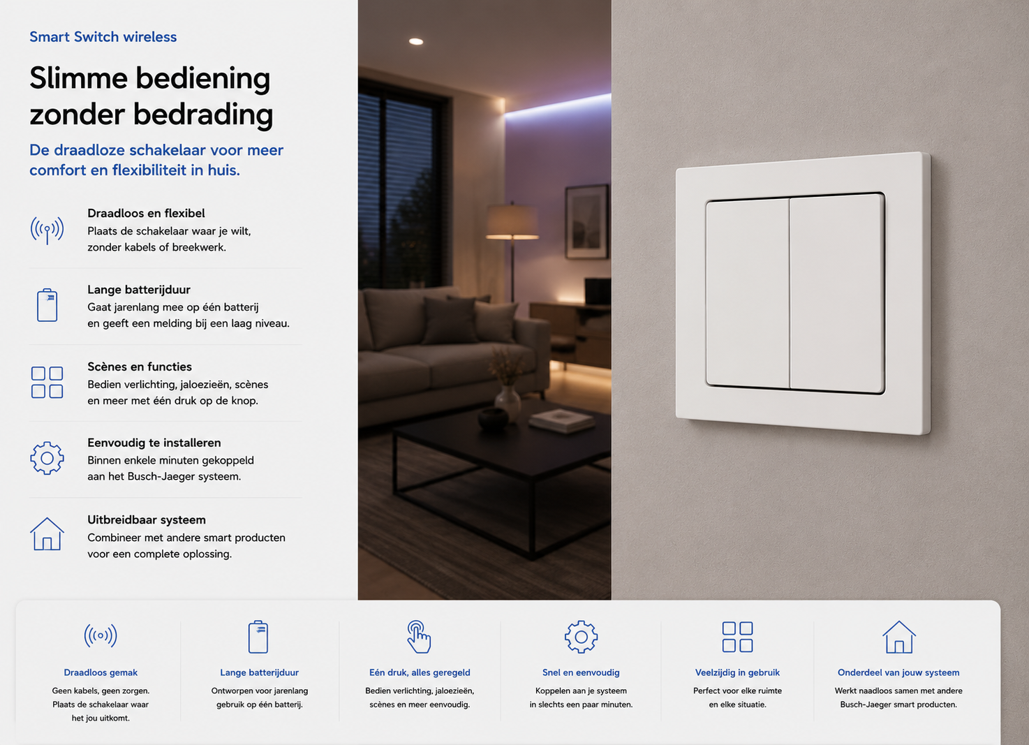 Busch-Jaeger Smart Switch wireless voor draadloze bediening van licht en zonwering