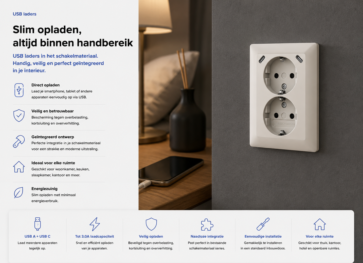 Busch-Jaeger USB-wandcontactdoos met USB-A en USB-C poort om een telefoon te laden