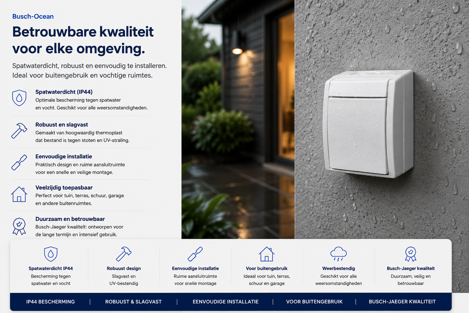 Busch-Jaeger Ocean opbouw spatwaterdicht stopcontact IP44 met klapdeksel op een buitenmuur