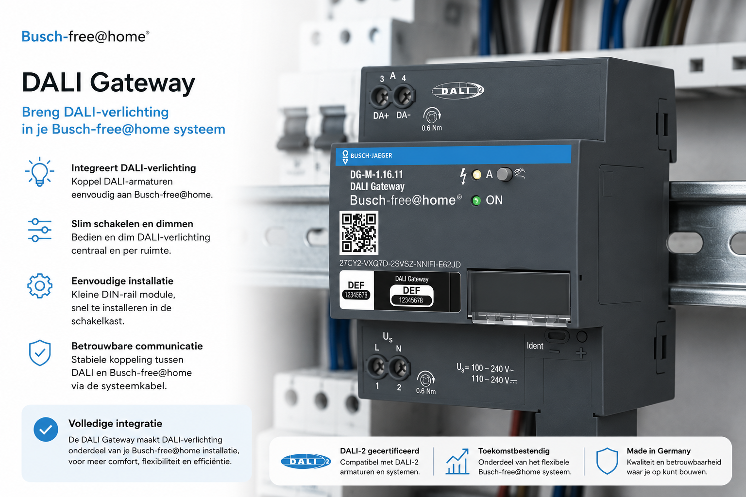 Busch-free@home DALI Gateway DG-M-1.16.11: integreert DALI-verlichting, slim schakelen en dimmen, eenvoudige DIN-rail installatie, DALI-2 gecertificeerd en Made in Germany