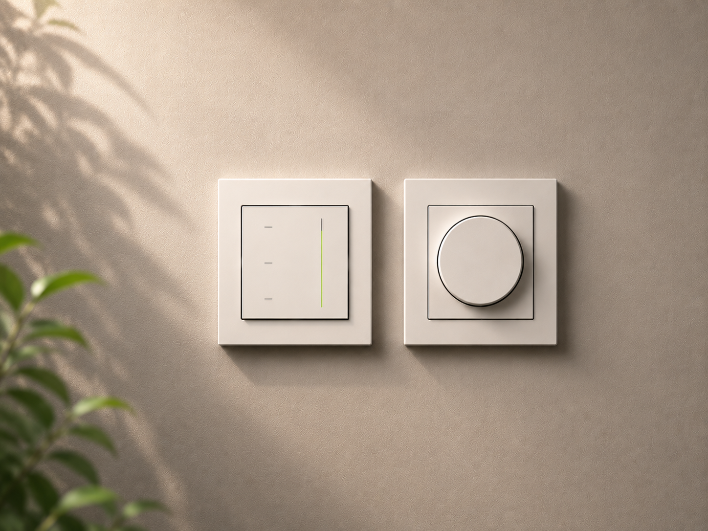 Gira LED dimmer met draaiknop in zuiver wit, gemonteerd op een wand