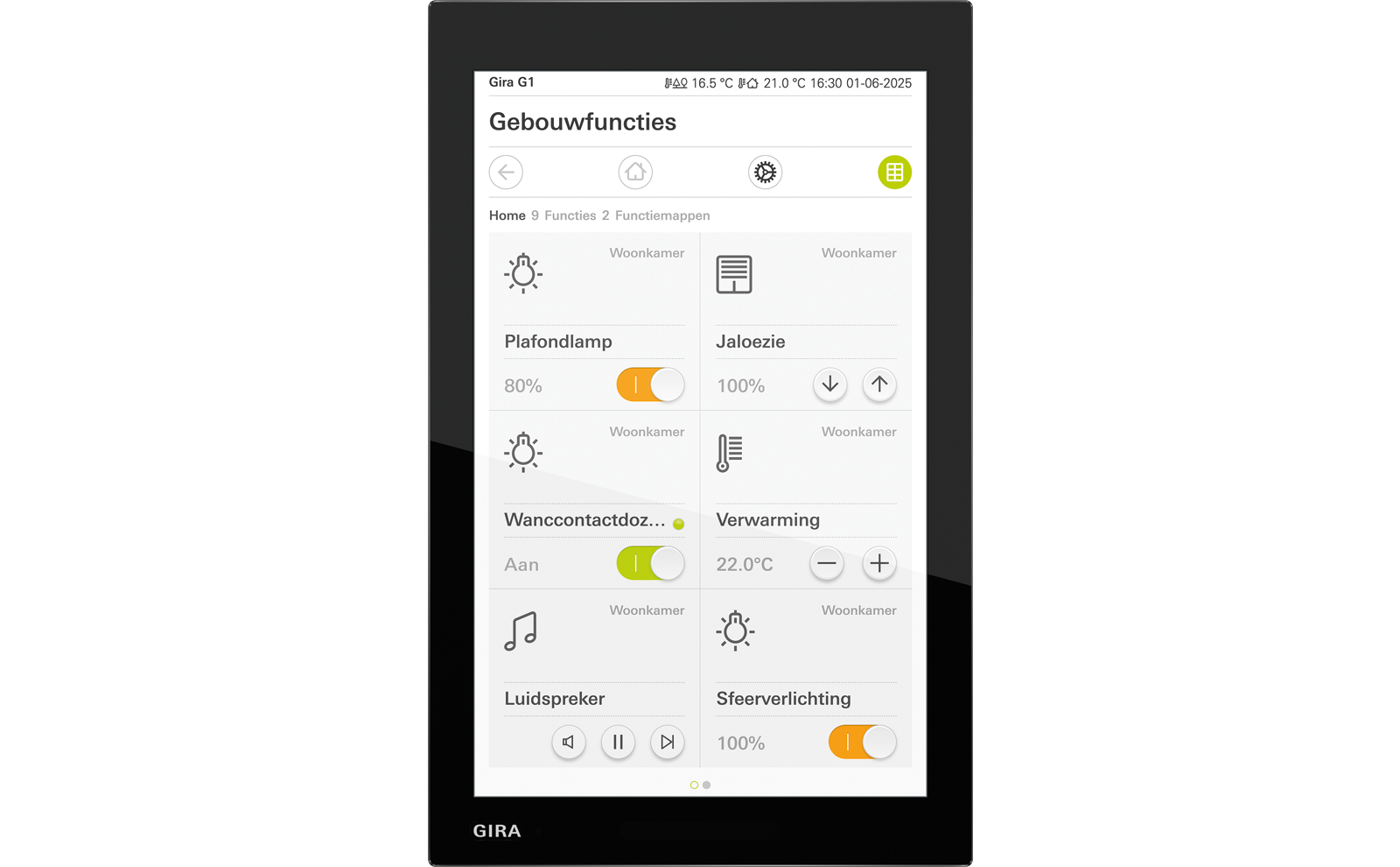 Gira G1 multitouch-display met gebouwfuncties voor licht, jaloezie, verwarming en muziek