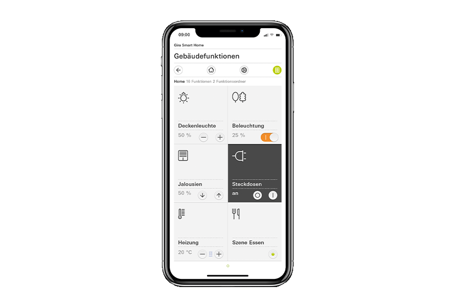 Gira Smart Home app op een smartphone met gebouwfuncties en scenes