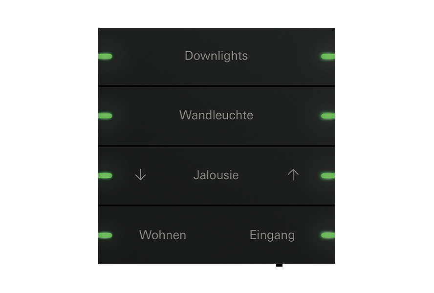 Gira One tastsensor 4.95 met vier bedienvlakken voor downlights, wandverlichting, jaloezie en scenes
