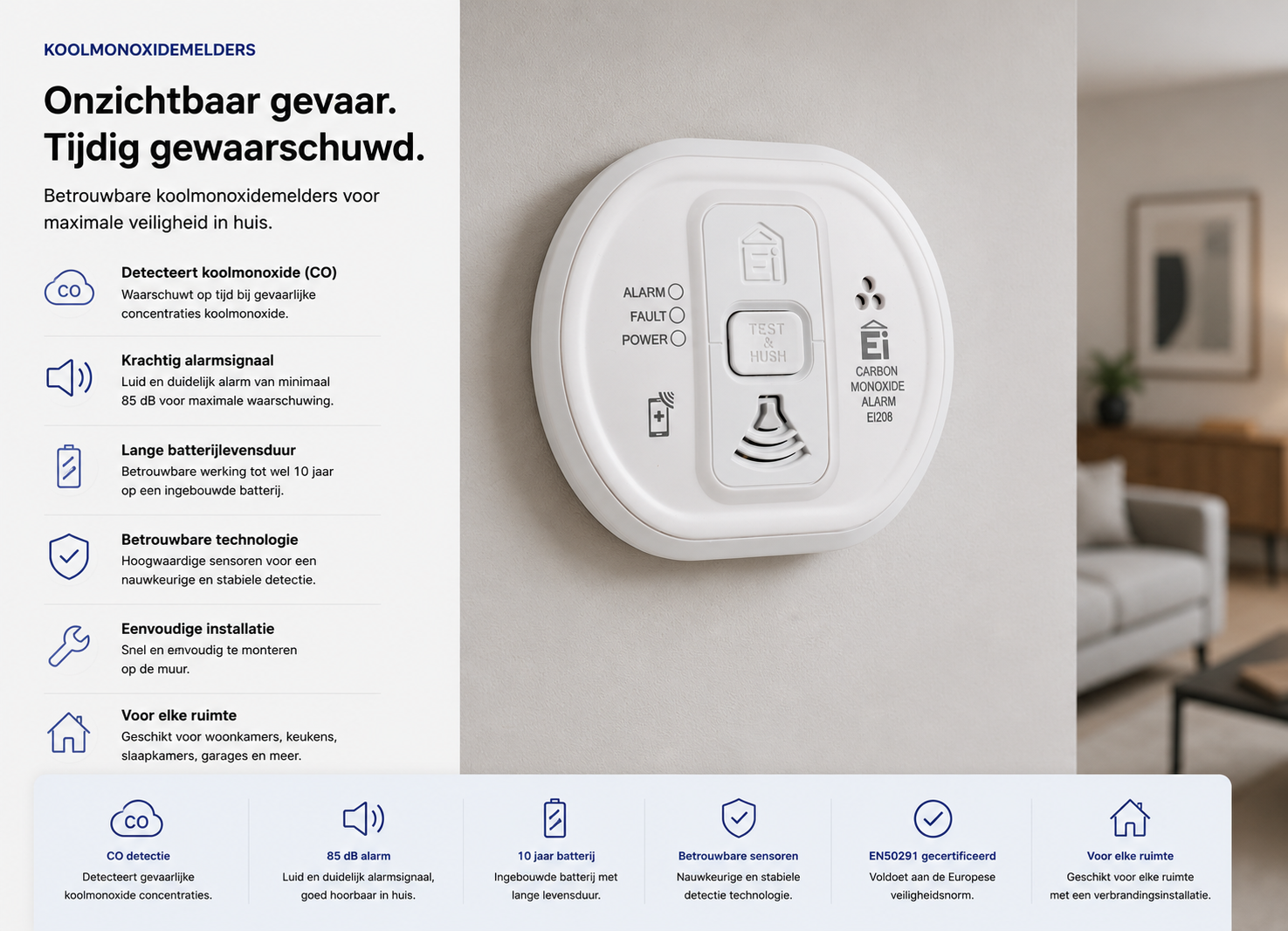 Koolmonoxidemelder aan de muur bij een cv-ketel