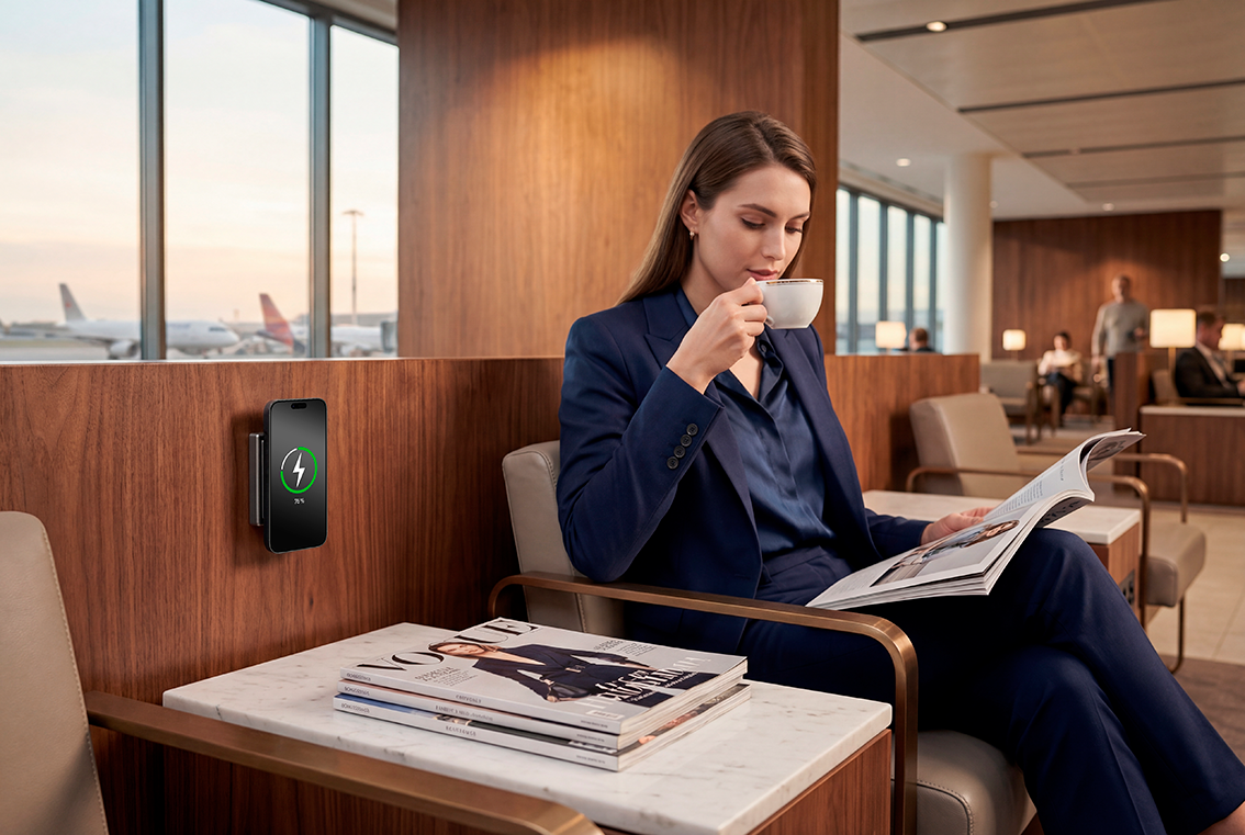 JUNG Magnetic Charger in een loungeomgeving met draadloos opladende smartphone aan de wand