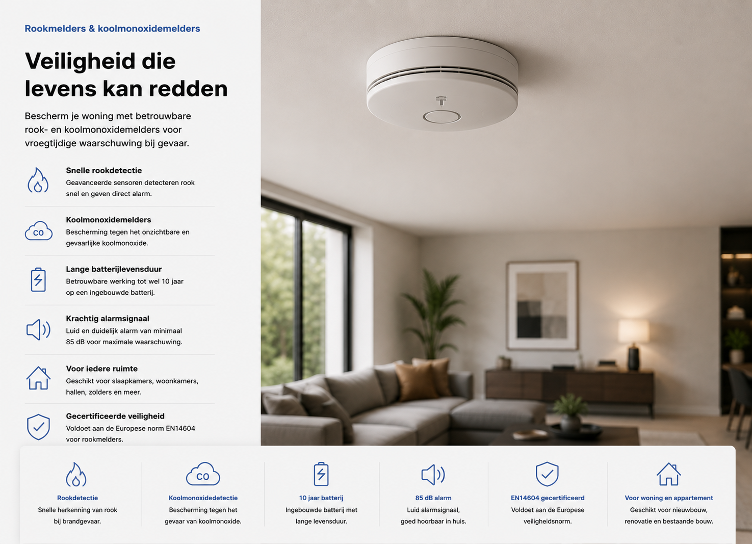 Rookmelder en koolmonoxidemelder aan het plafond in een woning