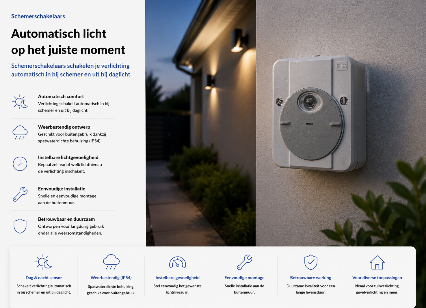 Schemerschakelaar die buitenverlichting automatisch inschakelt bij het invallen van de schemering