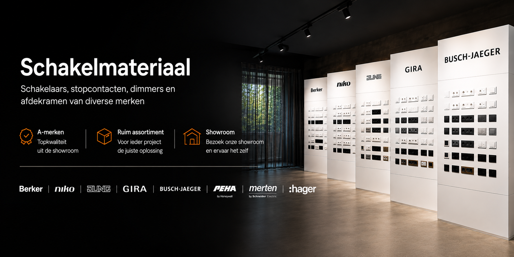 Schakelmateriaal: schakelaars, stopcontacten, dimmers en afdekramen van diverse merken