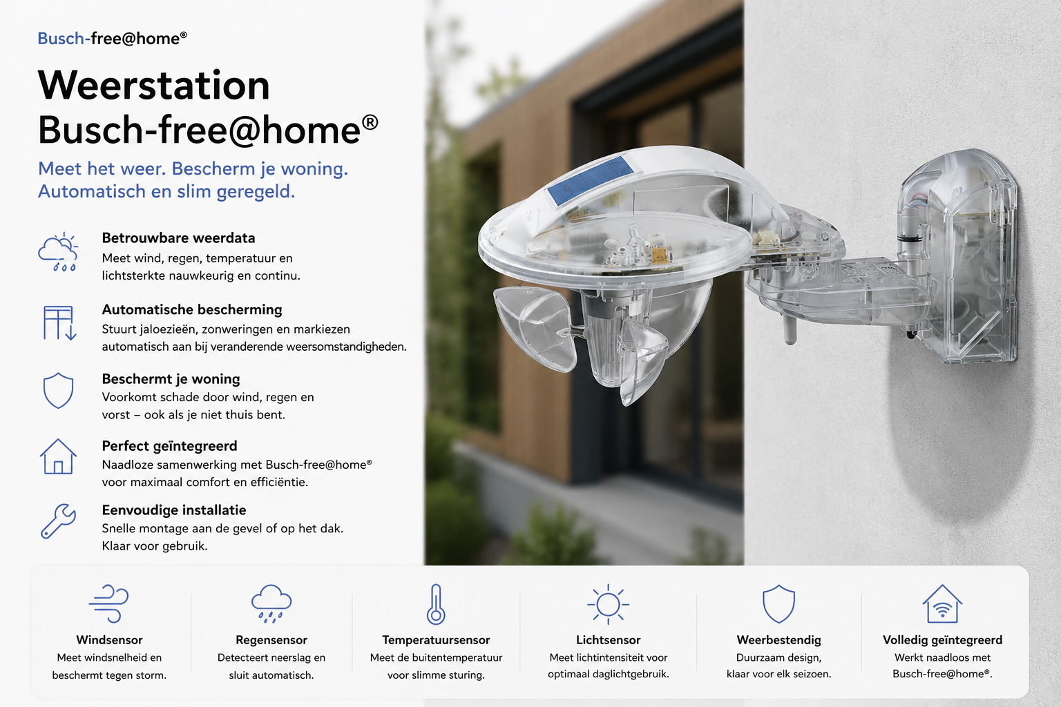 Busch-free@home weerstation: meet helderheid, temperatuur, windsnelheid en regen en stuurt automatisch je zonwering en jaloezieen